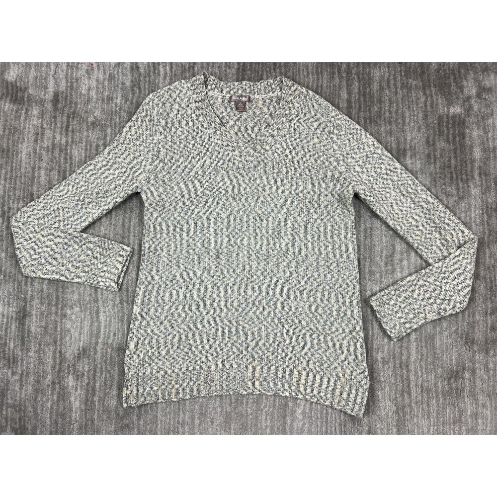 White Stag Sweater Womens M Grey Cream‎ Marled V-Neck Long Sleeve Knit Pullover